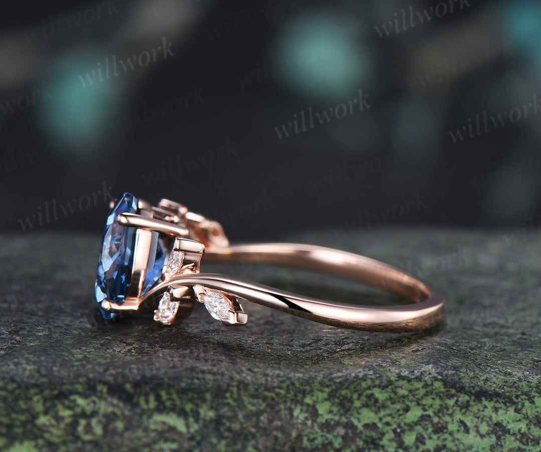 Oval Cut Blue Moissanite Engagement Ring Seven Stone Bypass Ring Marquise Diamond Cluster Ring Gifts