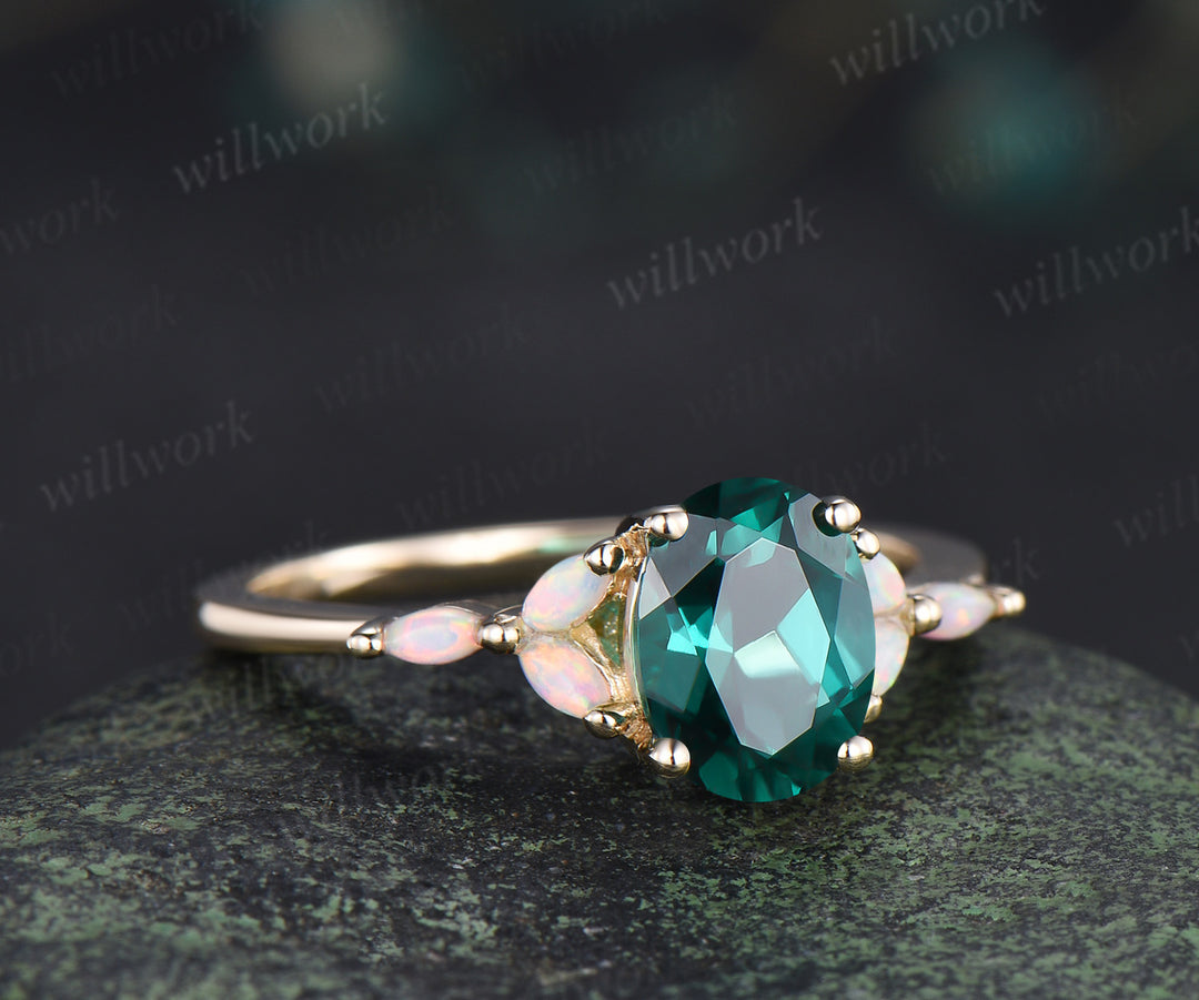 Oval cut emerald engagement ring marquise opals classic seven stone promise ring unique cluster bridal ring