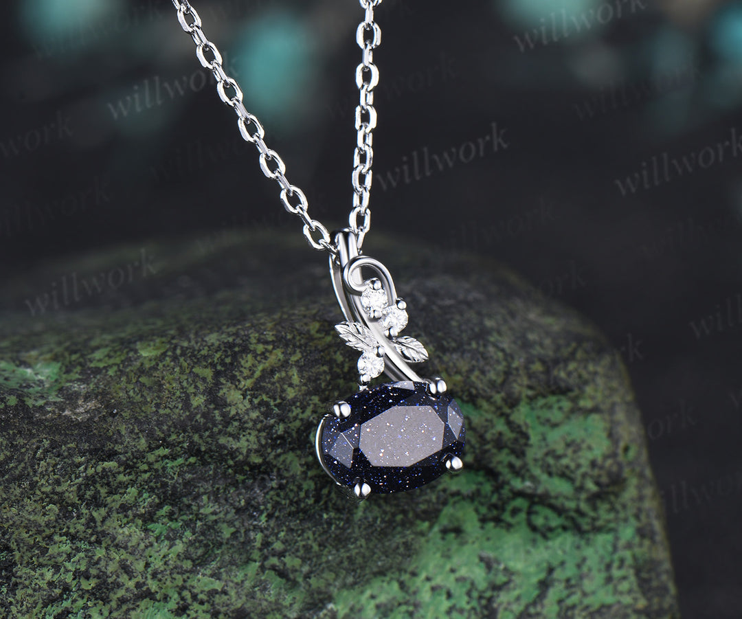 East to West Oval Blue Sandstone Necklace Moissanite Accent Leaf Twig Pendant Nature Inspired Jewelry Gifts