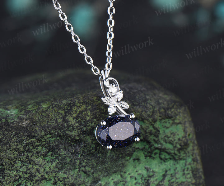 East to West Oval Blue Sandstone Necklace Moissanite Accent Leaf Twig Pendant Nature Inspired Jewelry Gifts