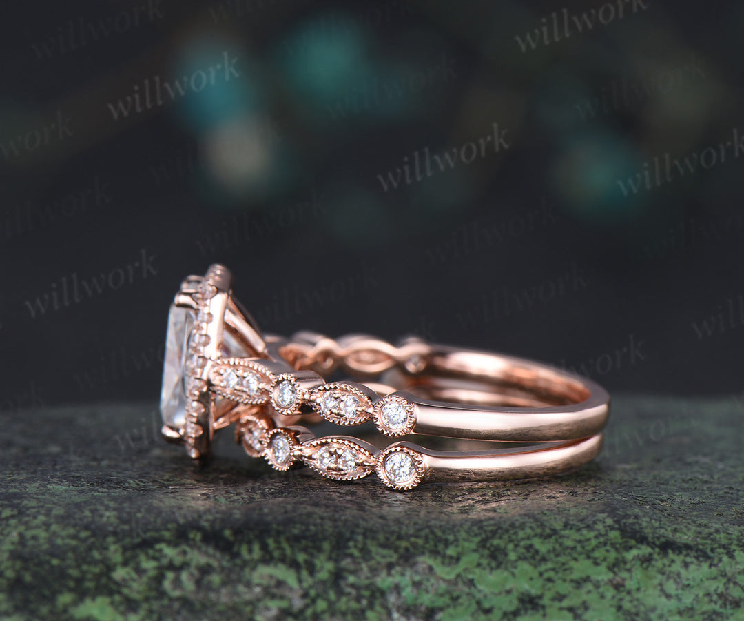 6x8mm cushion cut moissanite engagement ring set rose gold unique halo milgrain ring art deco diamonds half eternity wedding band antique bridal set