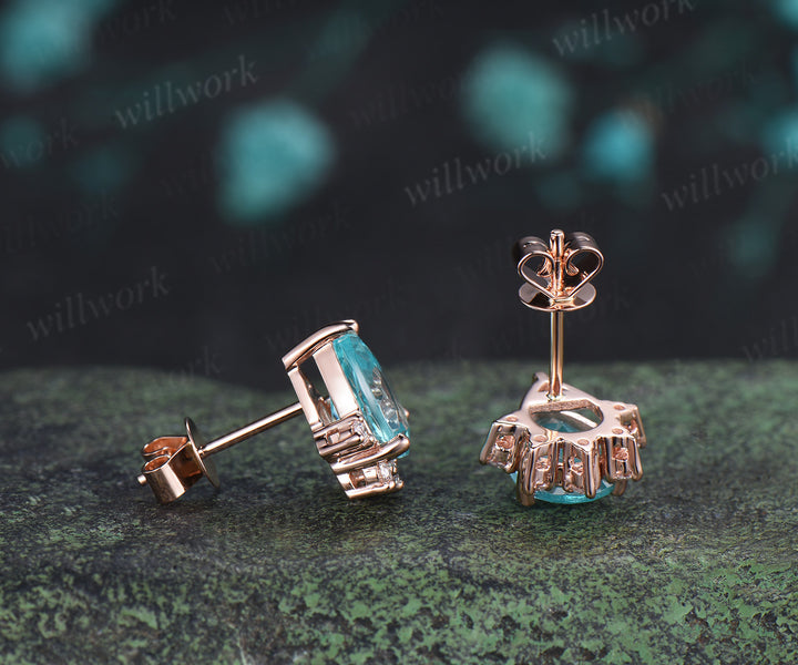 Pear Cut Paraiba Stud Earrings Bluish Green Tourmaline Moissanite Earrings Pierced Jewelry