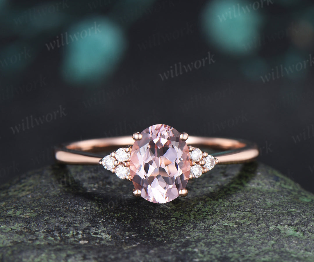 Oval Cut Pink Engagement Ring Set Diamond Cluster Ring Star Wedding Band Unique Seven Stone Bridal Set