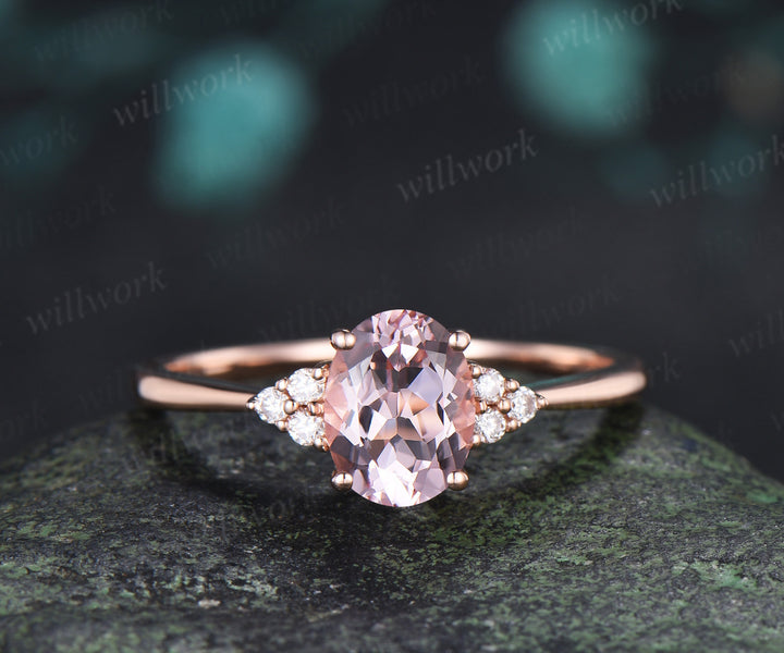 Oval Cut Pink Engagement Ring Set Diamond Cluster Ring Star Wedding Band Unique Seven Stone Bridal Set