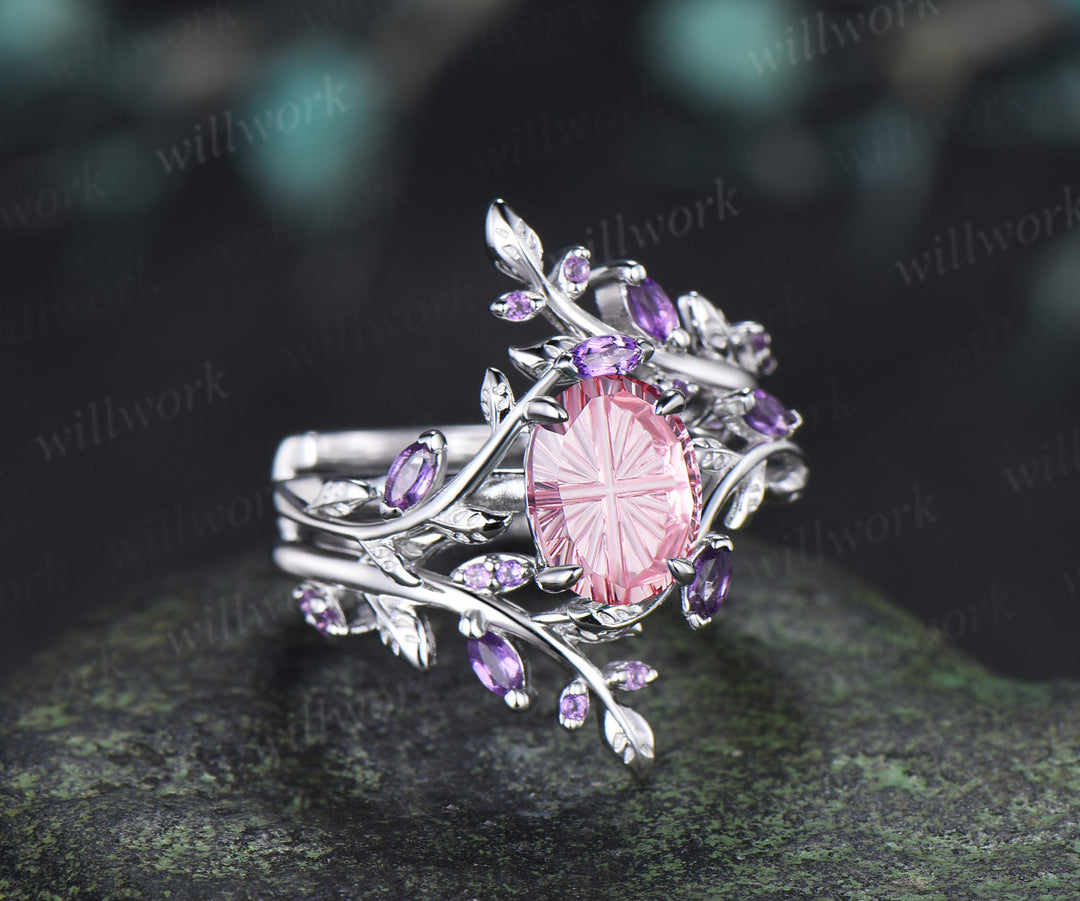 Oval Fantasy Cut Padparadscha Leaf Vine Engagement Ring Amethyst Enhancer Wrap Band Nature Inspired Pink Sapphire Bridal Set