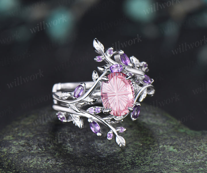 Oval Fantasy Cut Padparadscha Leaf Vine Engagement Ring Amethyst Enhancer Wrap Band Nature Inspired Pink Sapphire Bridal Set
