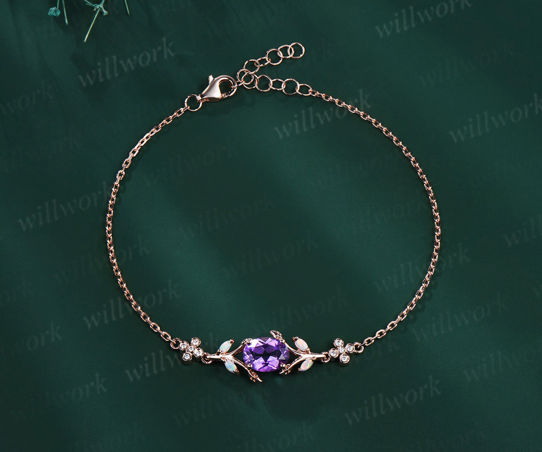 Dainty oval cut amethyst marquise opal leaf bracelet moissanites clover adjustable bracelet Februarly birthstone jewelry