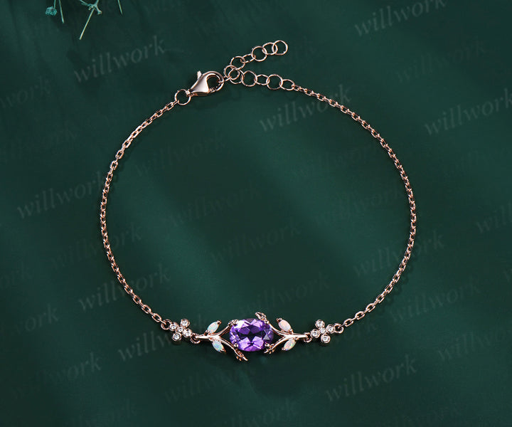 Dainty oval cut amethyst marquise opal leaf bracelet moissanites clover adjustable bracelet Februarly birthstone jewelry