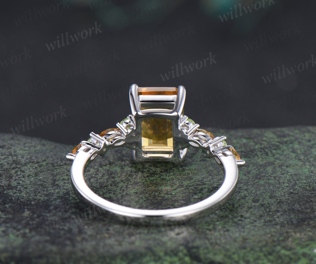 Emerald cut citrine engagement ring peridot marquise yellow citrine wedding ring November birsthone jewelry