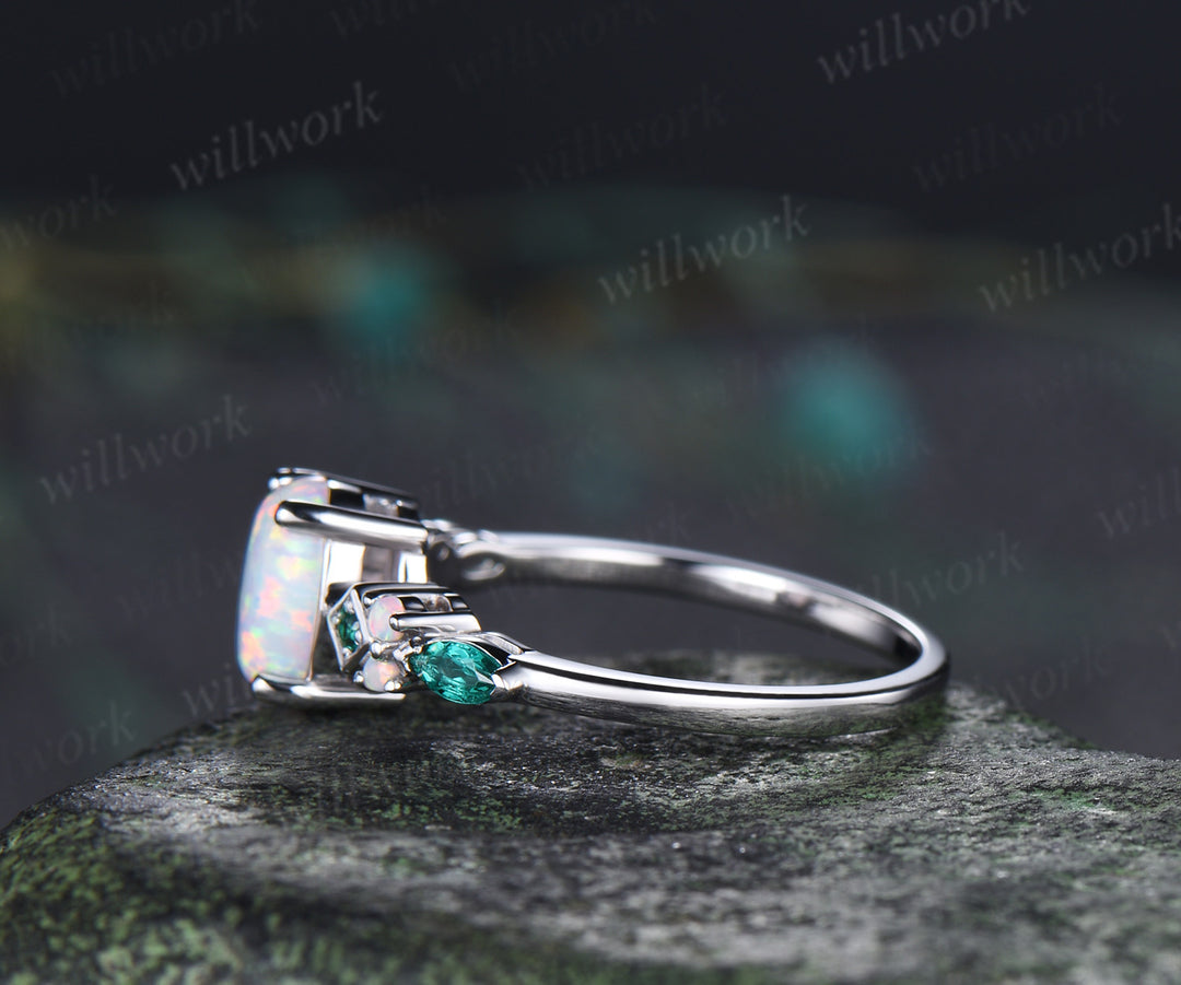 Oval Opal Engagement Ring Square Shape Emerald Accent Ring Vintage White Opal Bridal Ring