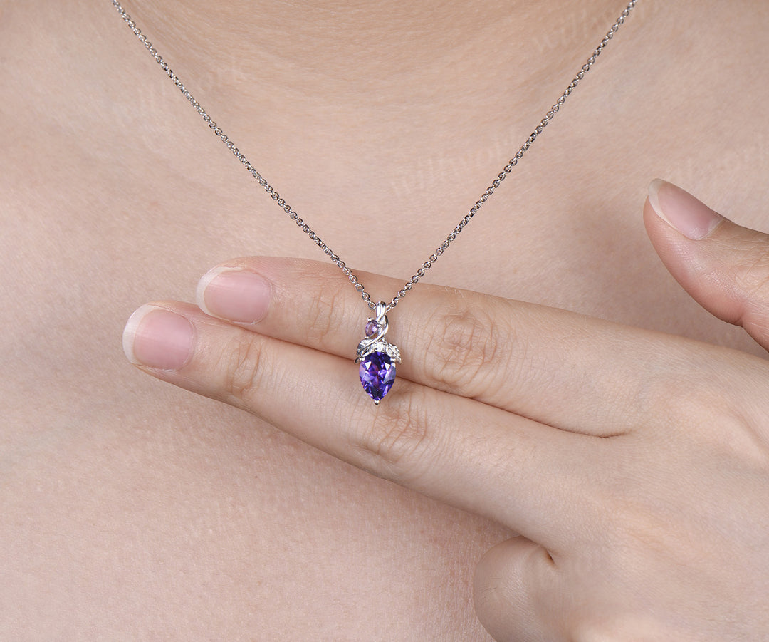 Pear cut purple sapphire pendant necklace leaf vine amethyst moissanite necklace unique gemstone necklace for women gifts for her