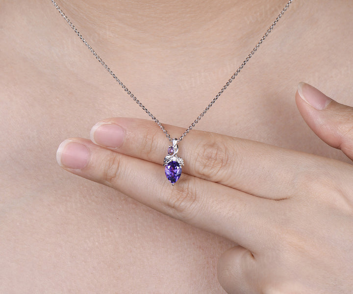 Pear cut purple sapphire pendant necklace leaf vine amethyst moissanite necklace unique gemstone necklace for women gifts for her