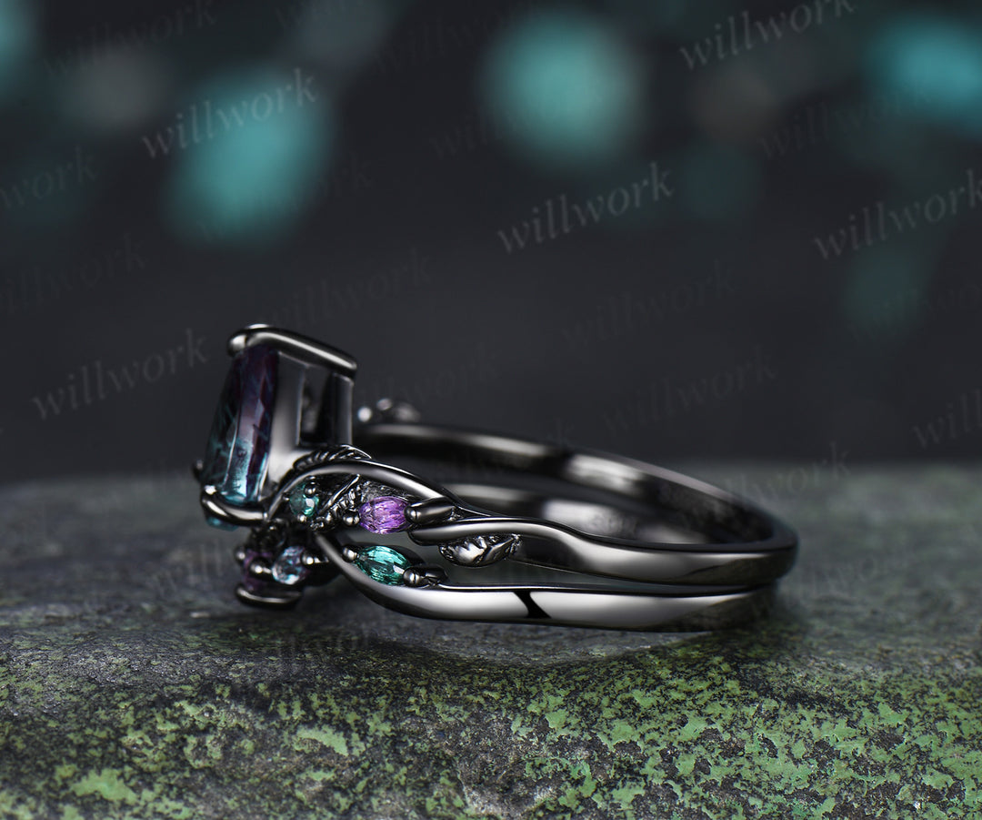 Fireworks Cut Alexandrite Engagement Ring Set Twig Leaf Amethyst Emerald Accent Promise Ring Matching Wedding Band Nature Inspired Bridal Set