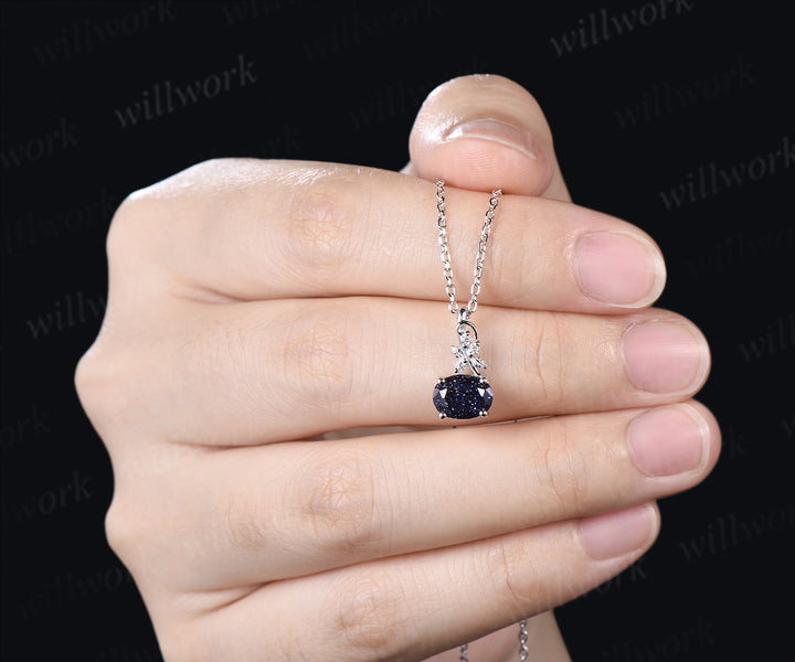 East to West Oval Blue Sandstone Necklace Moissanite Accent Leaf Twig Pendant Nature Inspired Jewelry Gifts