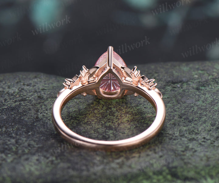 Fantasy Cut Padparadscha Engagement Ring Pear Shape Pink Sapphire Floral Amethyst Emerald Leaf Nature Inspired Ring