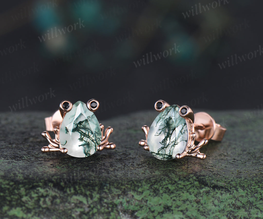 Frog stud earrings pear moss agate black spinels rose gold nature animal jewelry gift