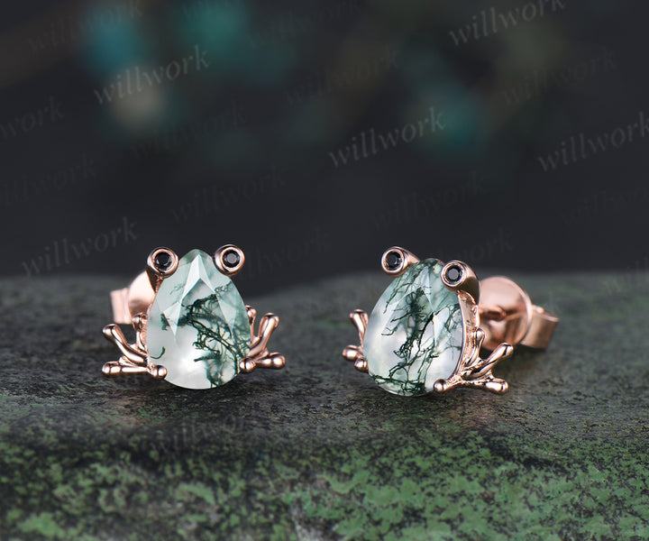 Frog stud earrings pear moss agate black spinels rose gold nature animal jewelry gift