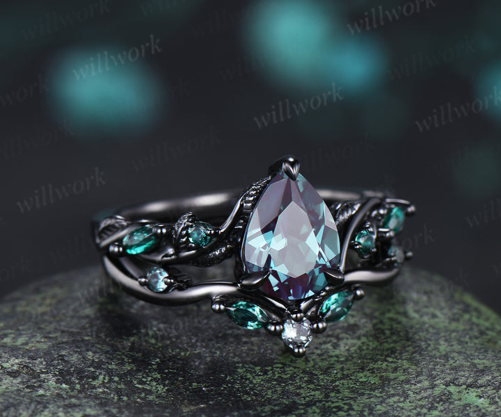 Pear alexandrite ring set unique twig vine teardrop emerald accent ring unique bridal set jewelry gifts