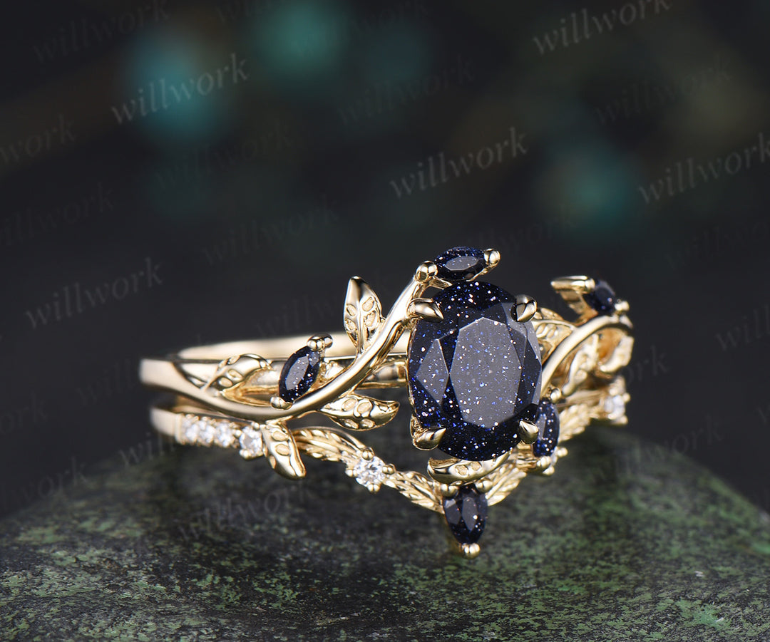 Nature Inspired Oval Blue Sandstone Leaf Ring Set & Tungsten Gold Flakes Men's Ring Unique Couple Wedding Rings