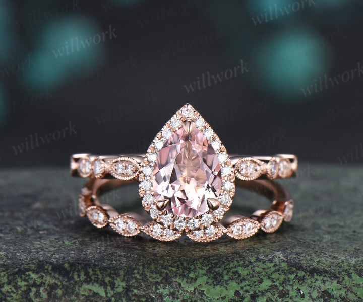 Vintage pear cut pink morganite engagement ring set diamond halo half eternity promise ring  milgrain wedding band bridal set