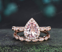 Vintage pear cut pink morganite engagement ring set diamond halo half eternity promise ring  milgrain wedding band bridal set