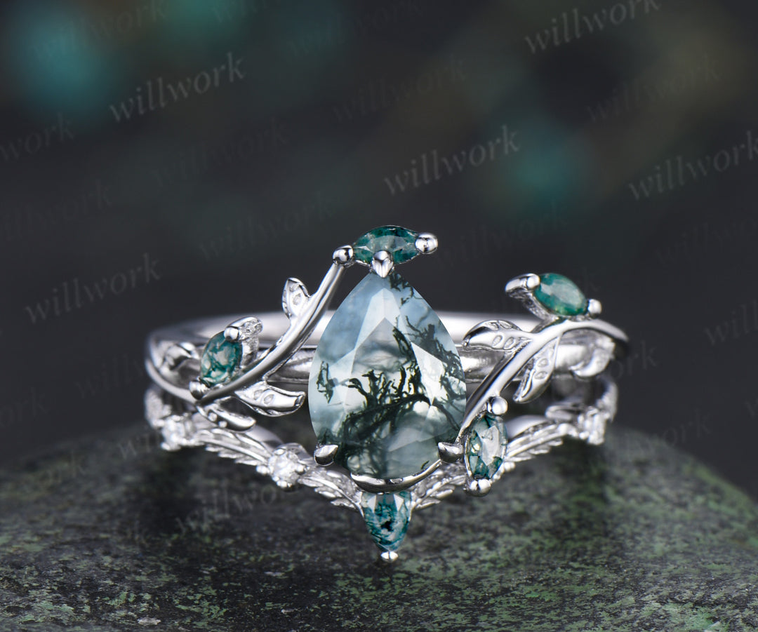 Pear Moss Agate Twig Leaf Ring Set & 5mm Moss Agate Opal Garnet Men Ring Unique Couple Ring Set
