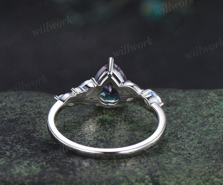 Unique pear alexandrite engagement ring marquise moonstone moissanite cluster bridal wedding ring jewelry gifts for women