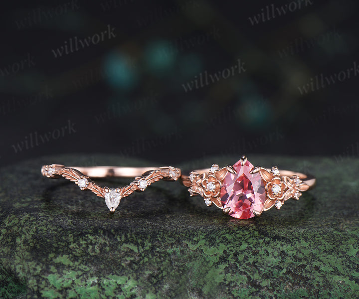 Vintage pear padparadscha pink sapphire bridal set 5 claw prong leaf floral moissanite wedding promise ring