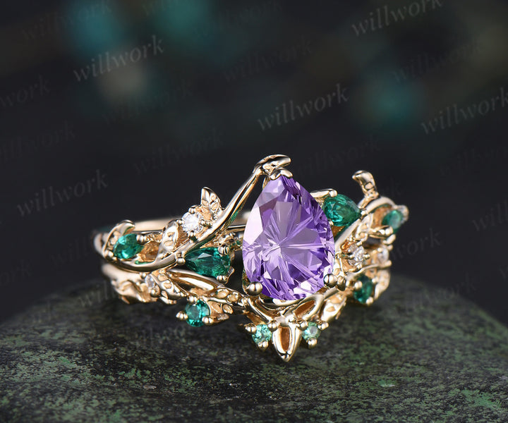 Teardrop Fireworks Cut Amethyst Engagement Ring Leafy Vine Emerald Accent Promise Ring Vintage Celtic Knot Wedding Band Bridal Set