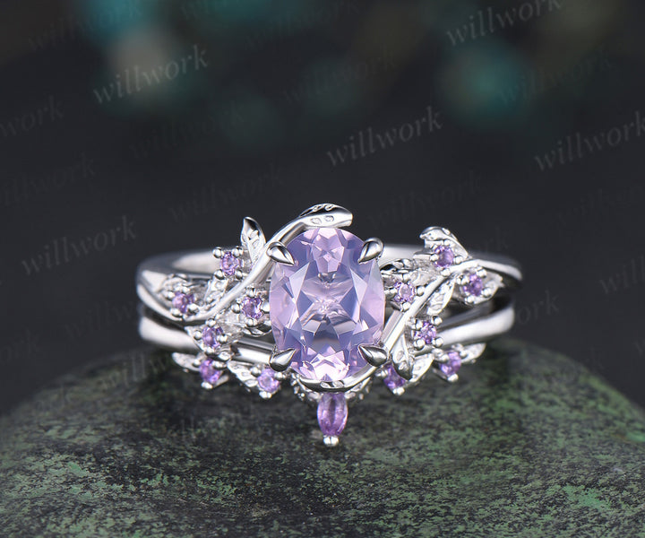 Vintage oval cut Lavender Amethyst engagement ring set amethyst leaf ring curved marquise purple crystal band unique bridal set
