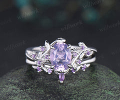Vintage oval cut Lavender Amethyst engagement ring set amethyst leaf ring curved marquise purple crystal band unique bridal set