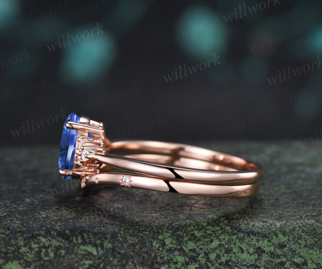 Oval Fantasy Cut Sapphire Engagement Ring Set Moissanite Cluster Promise Ring Star Wedding Band Unique Bridal Set