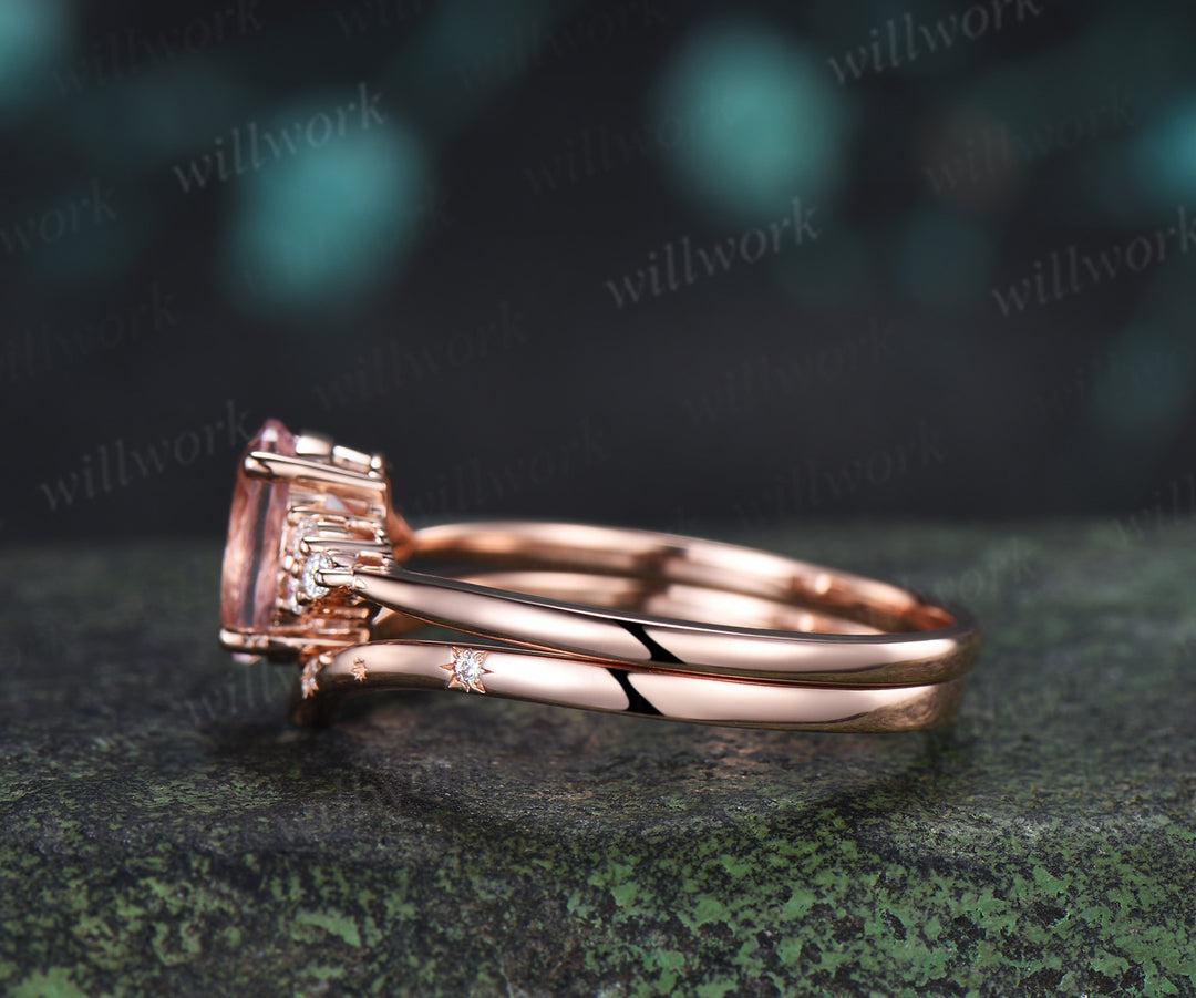 Oval Cut Pink Engagement Ring Set Diamond Cluster Ring Star Wedding Band Unique Seven Stone Bridal Set