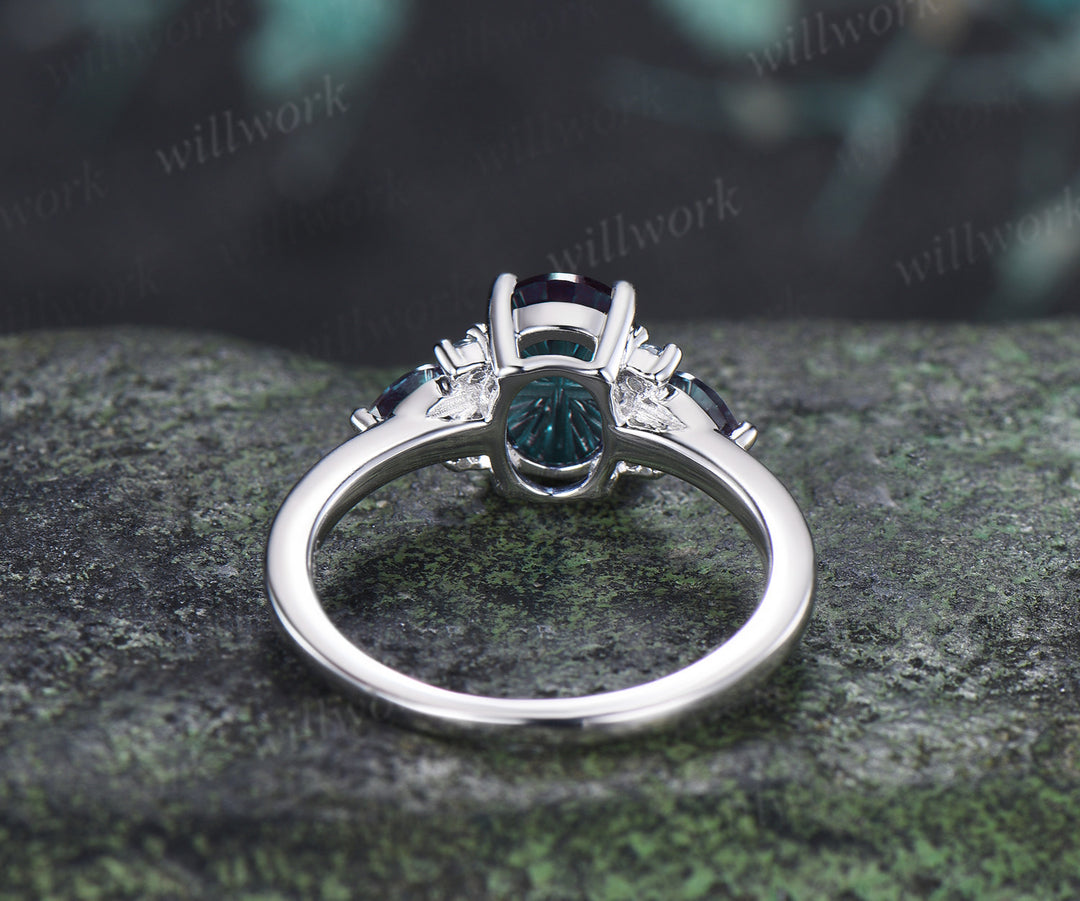 Oval Fantasy Cut Alexandrite Engagement Ring Cluster Pear Alexandrite Seven Stone Ring Unique June Birthstone Gifts