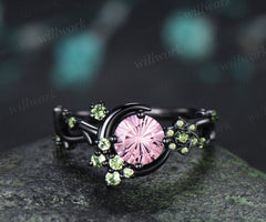 Round Fireworks Padparadscha Engagement Ring Moon Vine Floral Peridot Accent Promise Ring Unique Twig Band