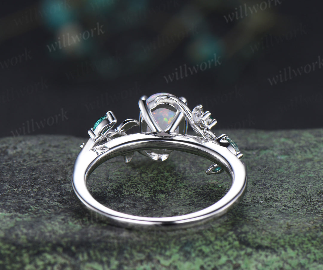 Oval white opal engagement ring retro emreald moss agate leaf branch ring nature inspired bridal ring gifts for women