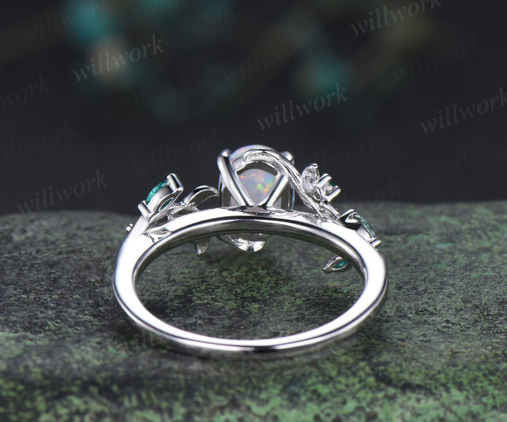Oval white opal engagement ring retro emreald moss agate leaf branch ring nature inspired bridal ring gifts for women
