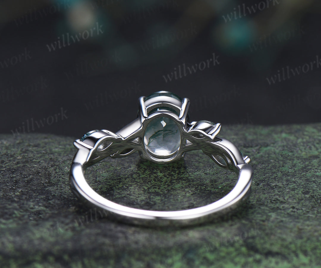 Oval cut moss agate engagement ring marquise moss agate infinity wedding ring unique five stone bridal ring