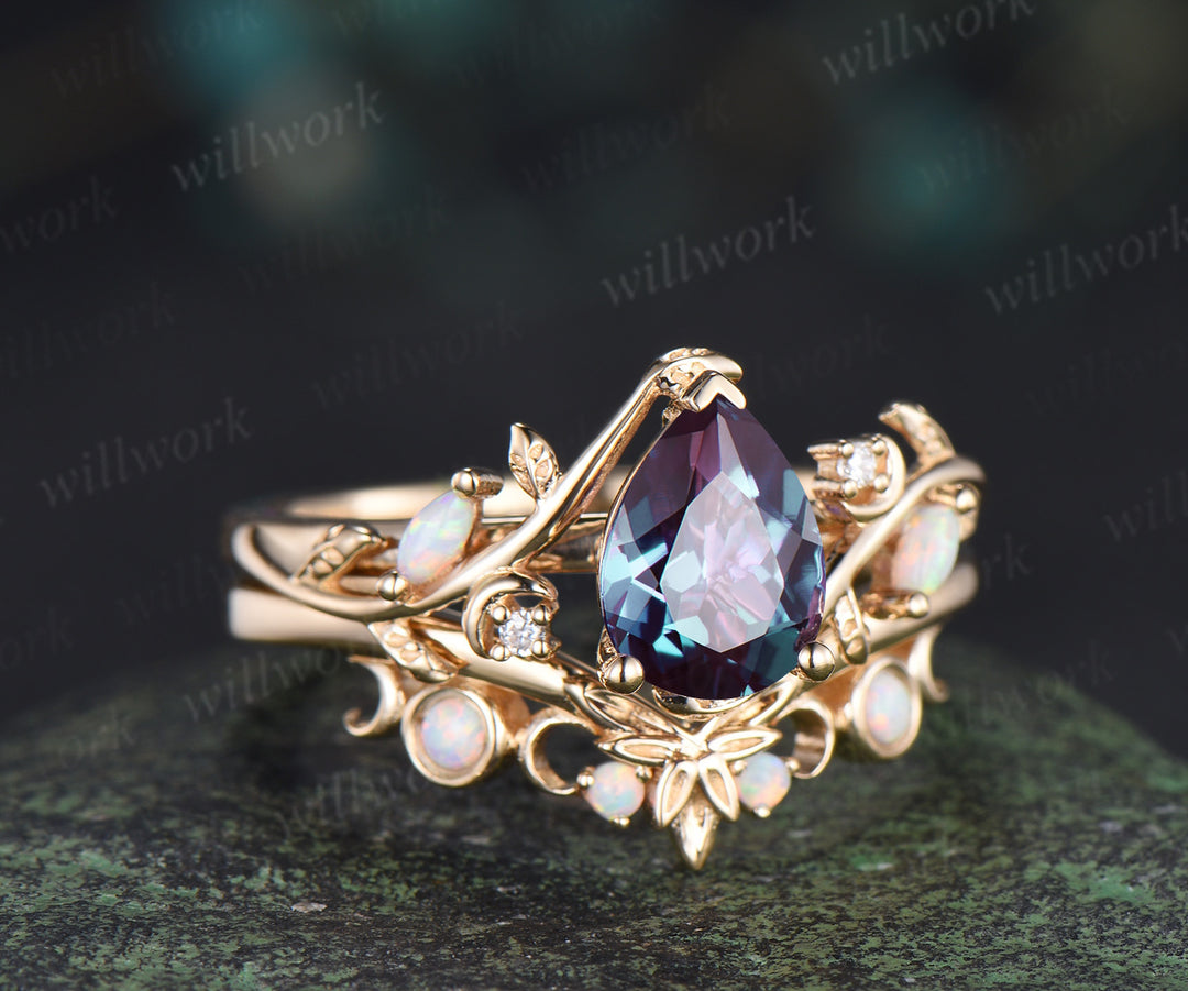 Pear cut alexandrite engagement ring set leaf twig moon opal moissanite ring celtic knot bezel opal wedding ring band enchanting bridal set