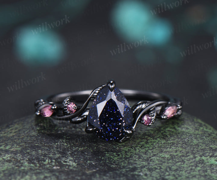 Teardrop blue sandstone ring set black gold leaf vine engagement ring with pink tourmaline accents galaxy gemstone bridal set