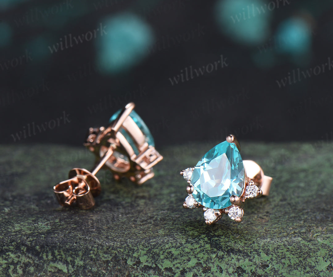 Pear Cut Paraiba Stud Earrings Bluish Green Tourmaline Moissanite Earrings Pierced Jewelry