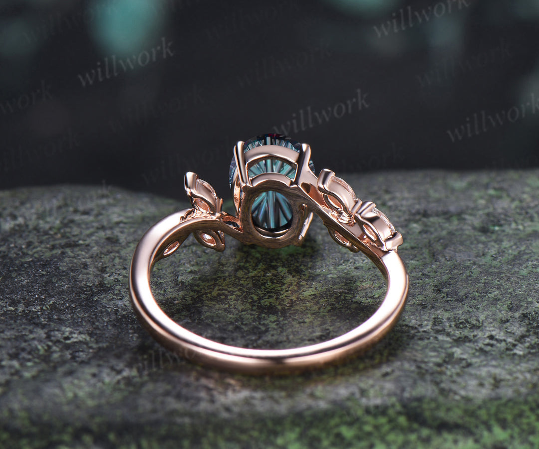Oval Fantasy Cut Alexandrite Engagement Ring Moissanite Seven Stone Bypass Ring Color Change Gemstone Bridal Ring June Birthstone Gifts
