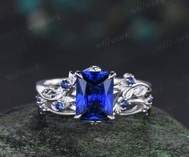 Vintage Radiant cut sapphire engagement ring twig leaf nature inspired sapphire ring art deco matching band unique bridal set