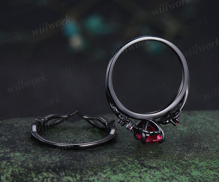 Oval ruby ring set nature inspired black gold engagement ring curved ruby infinity wedding band July birthstone gifts