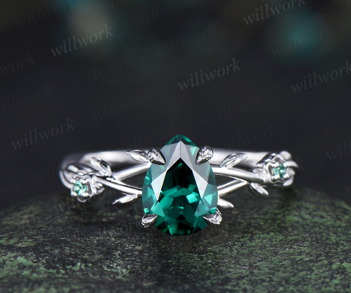 Pear cut emerald engagement ring floral twig split shank ring unique moon teardrop emerald wedding band bridal set gifts for her