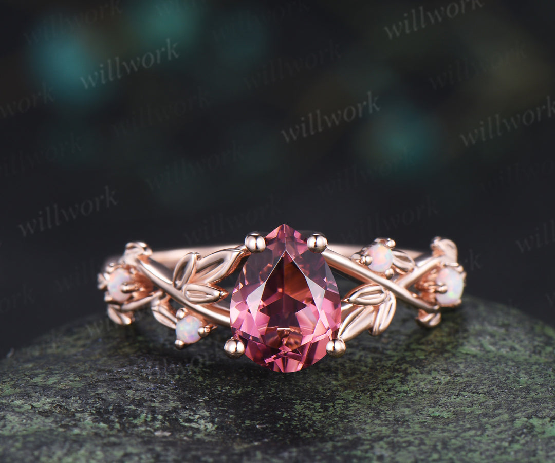 Pear cut natural pink tourmaline leaf engagement ring set nature inspired twig accent opal ring bridal set
