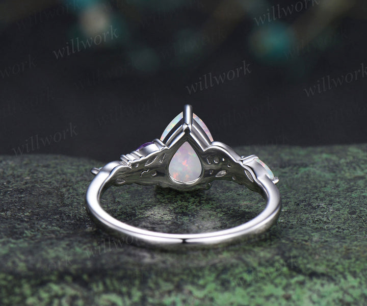 Pear opal engagement ring fire opal amethyst moissanite cluster ring October birthstone jewelry gifts for women