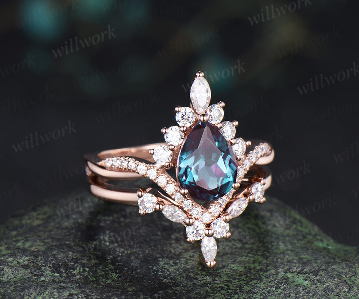 Pear Alexandrite engagement ring set halo art deco moissanite twisted ring set curved matching wedding band jewelry set