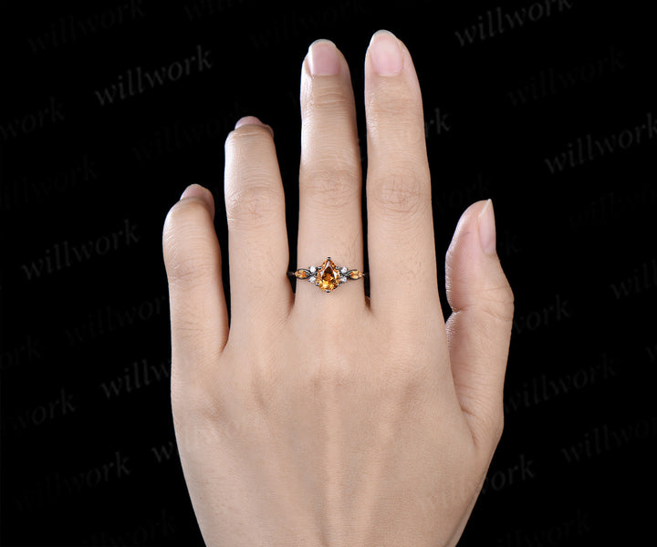 Pear Citrine Seven Stone Engagement Ring & Bold Tungsten Men Wedding Band Couple Rings