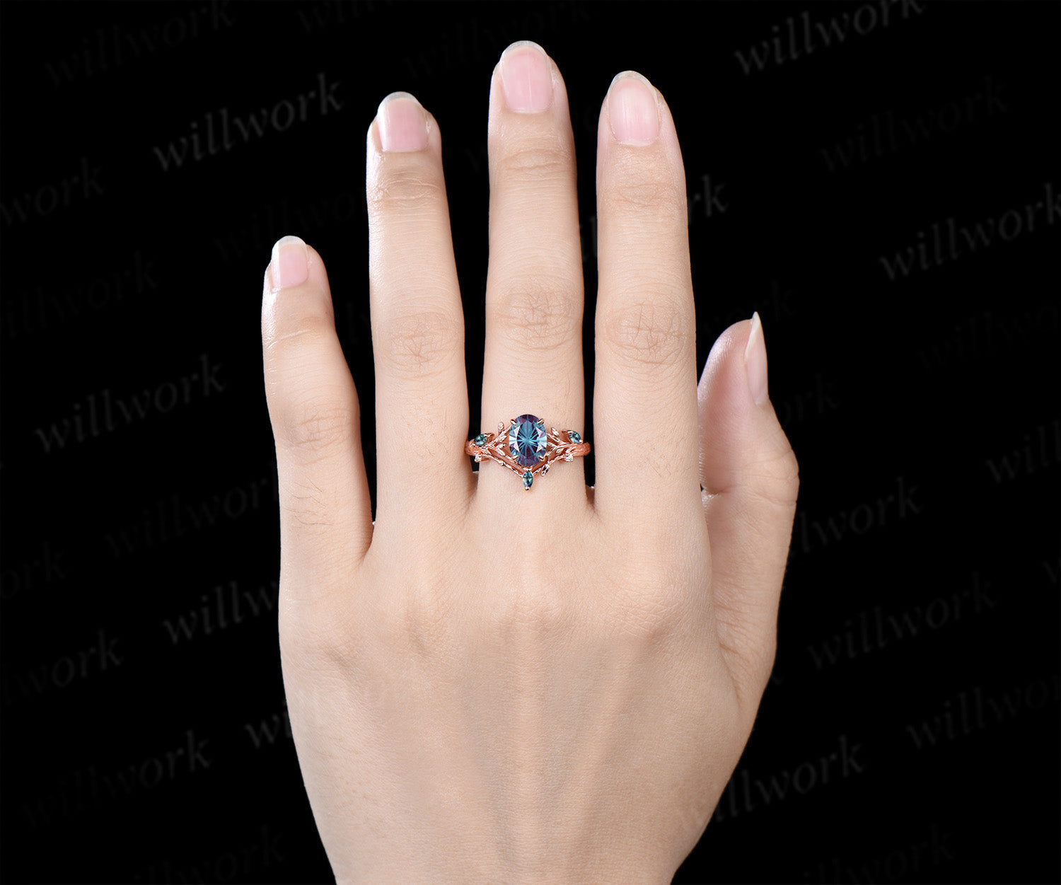 Oval Fireworks cut alexandrite engagement ring leaf branch nature